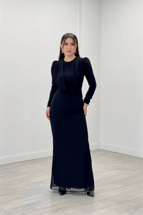 Şifon Kumaş Pelerin Detaylı Abiye Elbise - SİYAH