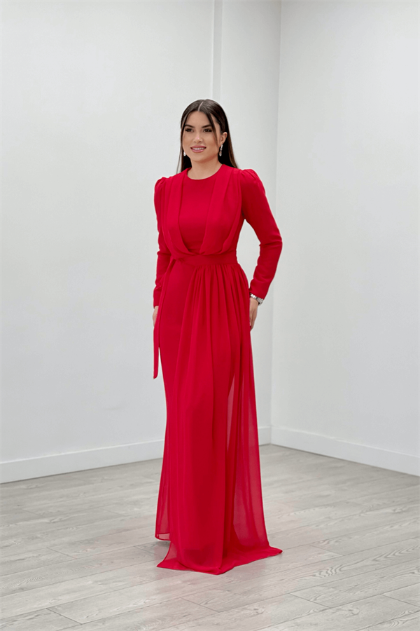 Şifon Kumaş Pelerin Detaylı Abiye Elbise - KIRMIZI