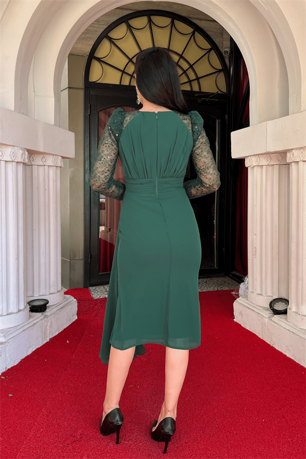 Şifon Kumaş Pul Payet Tasarım Kalem Elbise - ZÜMRÜT YEŞİL