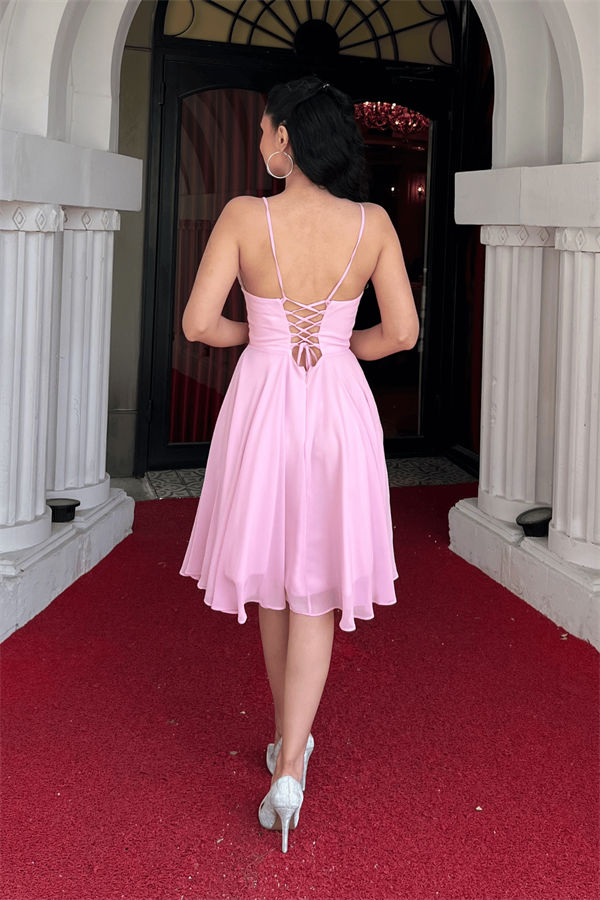 Sifon Kumaş Sırtı İpli Elbise - PEMBE