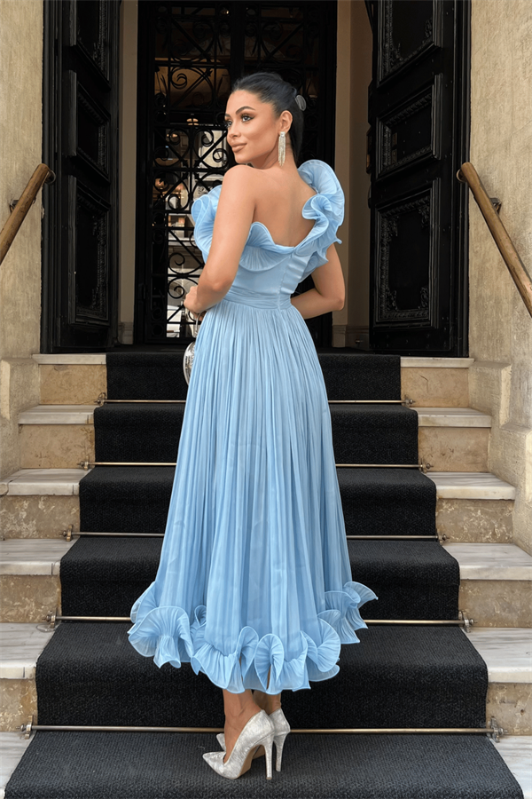 Şifon Kumaş Tek Kol Abiye Elbise - BEBE MAVİSİ