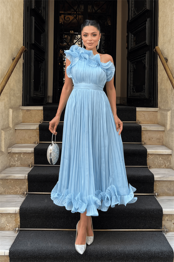 Şifon Kumaş Tek Kol Abiye Elbise - BEBE MAVİSİ