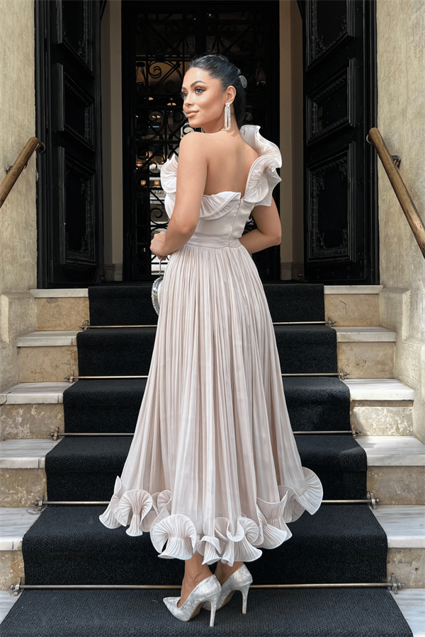 Şifon Kumaş Tek Kol Abiye Elbise - BEJ