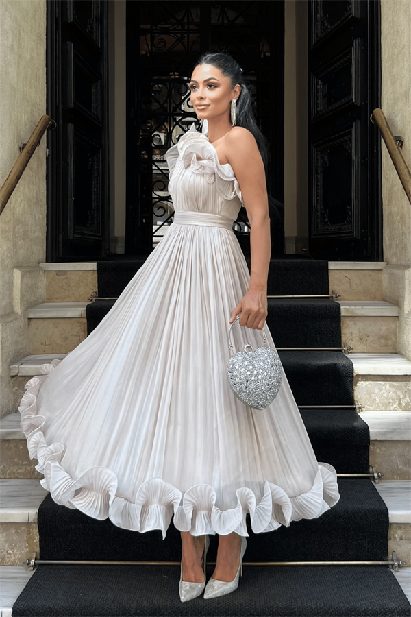 Şifon Kumaş Tek Kol Abiye Elbise - BEJ