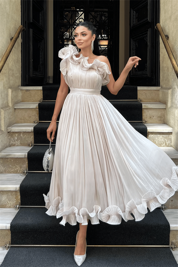 Şifon Kumaş Tek Kol Abiye Elbise - BEJ