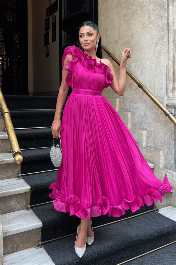 Şifon Kumaş Tek Kol Abiye Elbise - FUŞYA