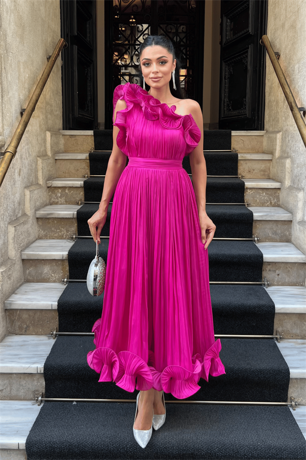 Şifon Kumaş Tek Kol Abiye Elbise - FUŞYA