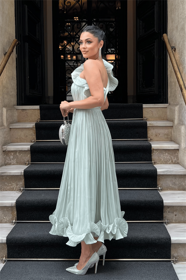 Şifon Kumaş Tek Kol Abiye Elbise - MİNT YEŞİLİ