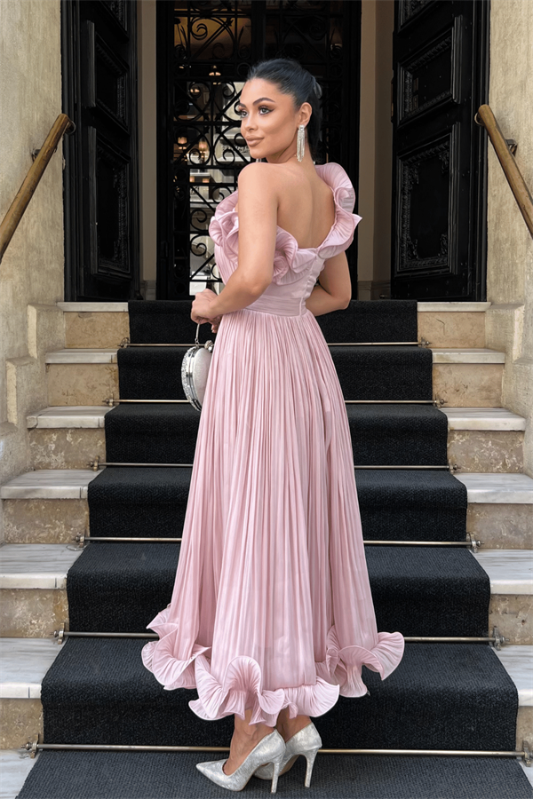 Şifon Kumaş Tek Kol Abiye Elbise - PUDRA