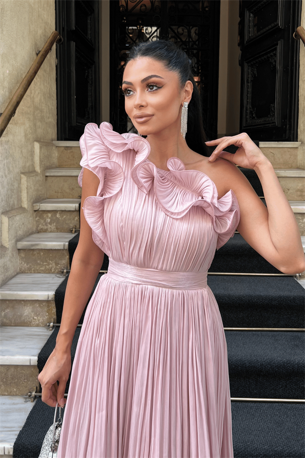 Şifon Kumaş Tek Kol Abiye Elbise - PUDRA