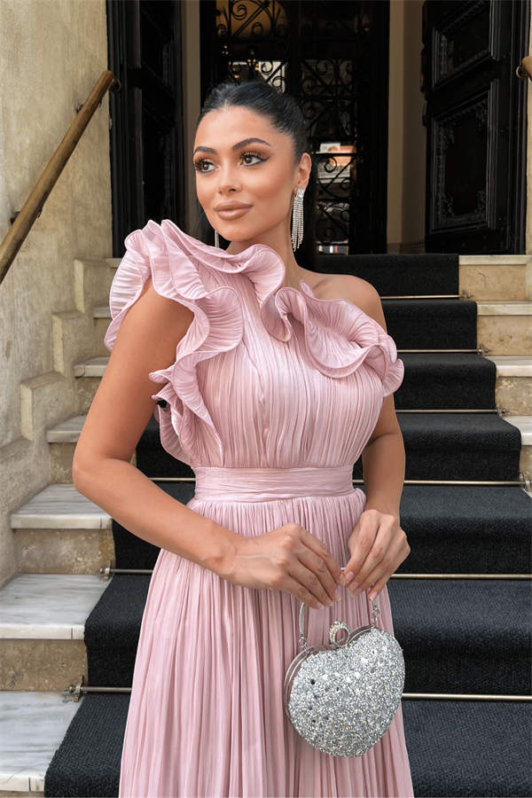 Şifon Kumaş Tek Kol Abiye Elbise - PUDRA