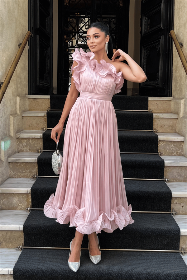 Şifon Kumaş Tek Kol Abiye Elbise - PUDRA