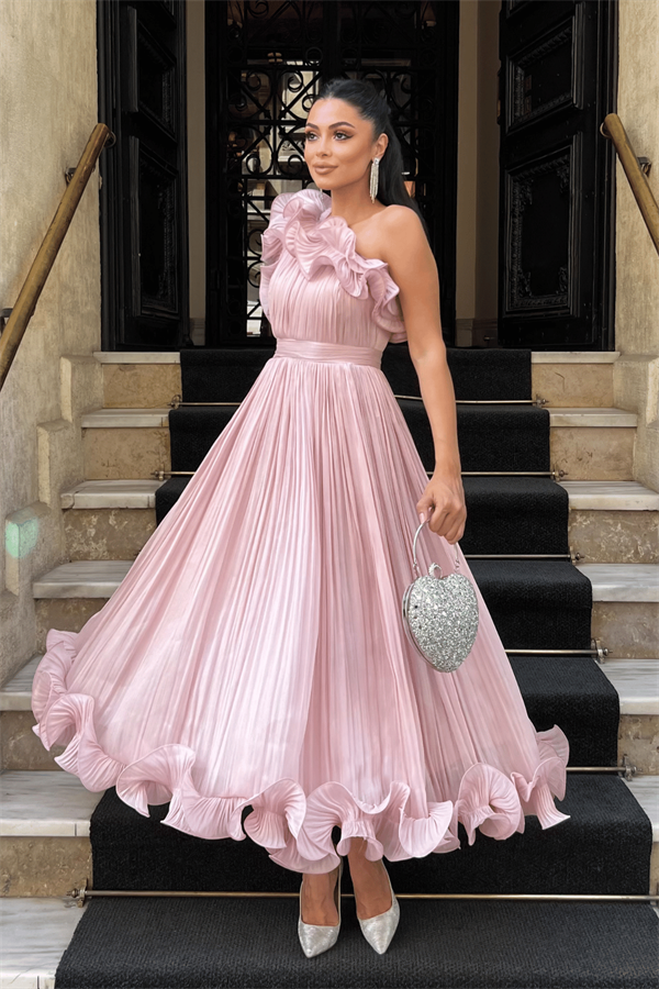 Şifon Kumaş Tek Kol Abiye Elbise - PUDRA