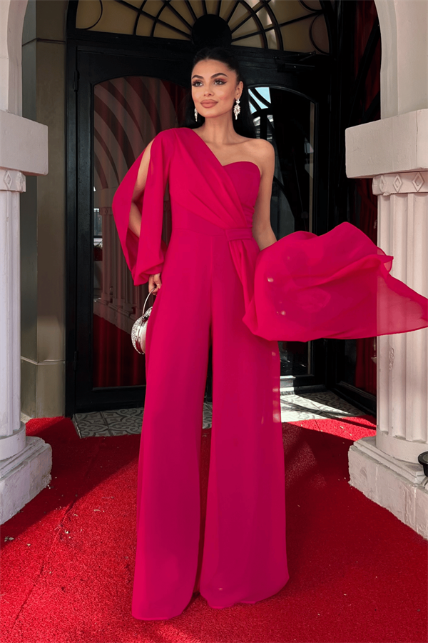 Şifon Kumaş Tek Kol Detaylı Tulum - FUŞYA