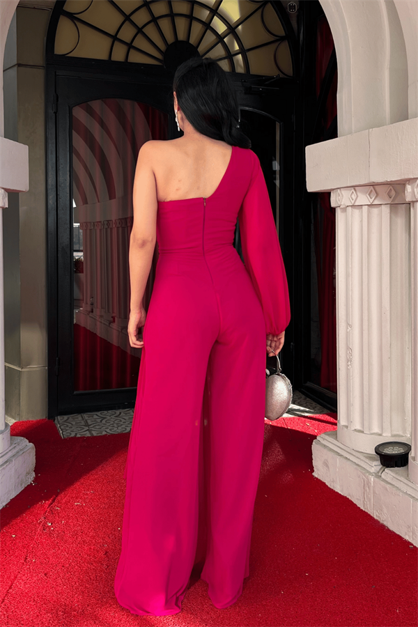 Şifon Kumaş Tek Kol Detaylı Tulum - FUŞYA