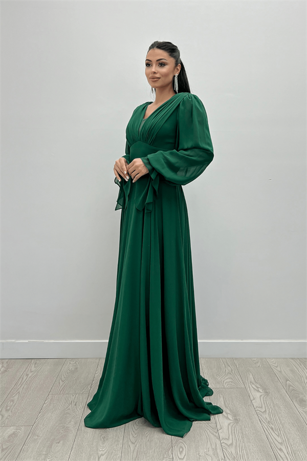 Şifon Kumaş V Yaka Büzgü Detaylı Maxi Elbise - ZÜMRÜT YEŞİL