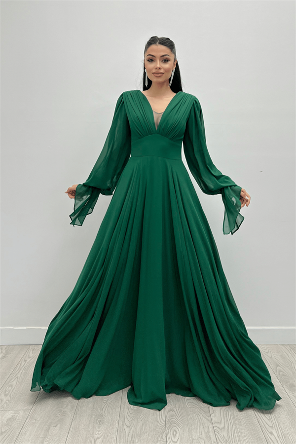 Şifon Kumaş V Yaka Büzgü Detaylı Maxi Elbise - ZÜMRÜT YEŞİL