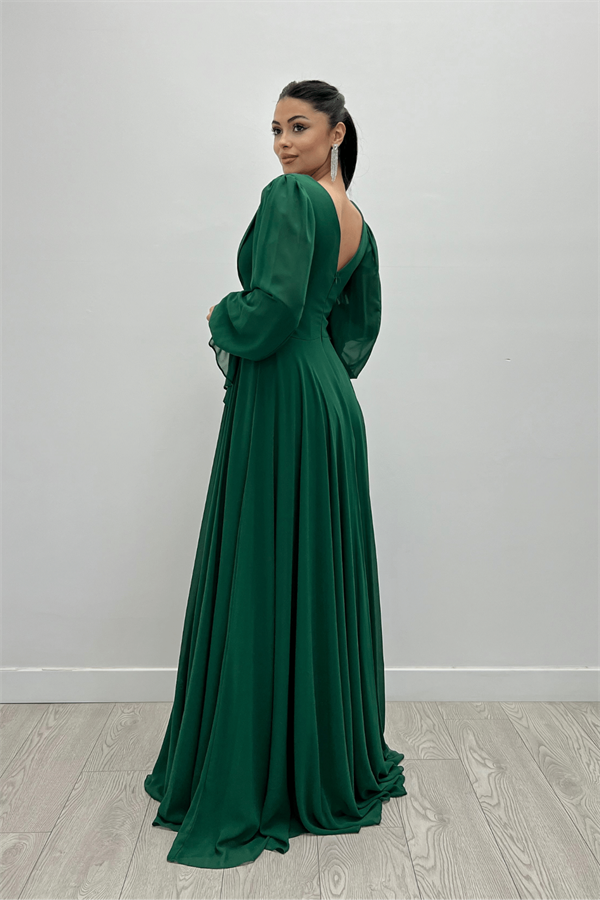 Şifon Kumaş V Yaka Büzgü Detaylı Maxi Elbise - ZÜMRÜT YEŞİL