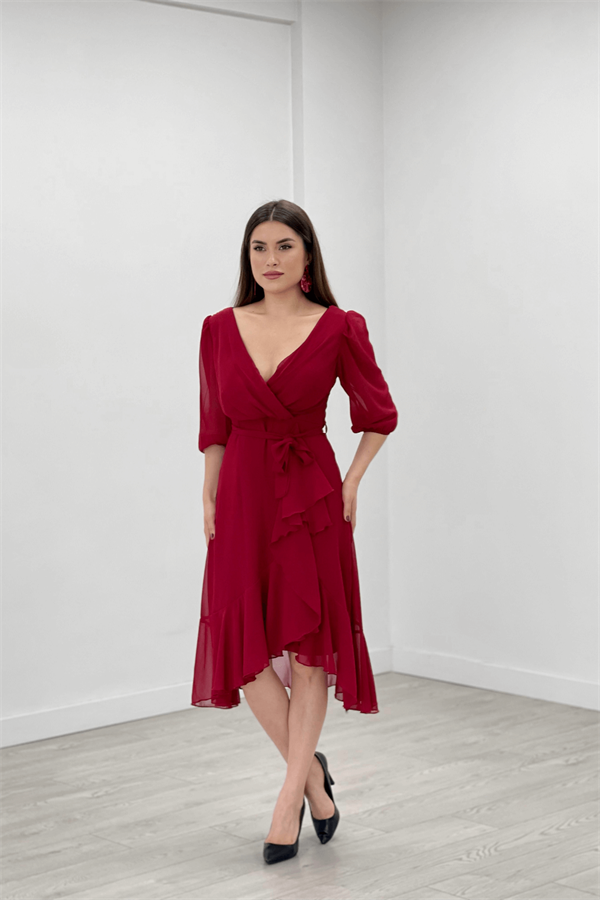 Şifon Kumaş Volan Detaylı Abiye Elbise - BORDO