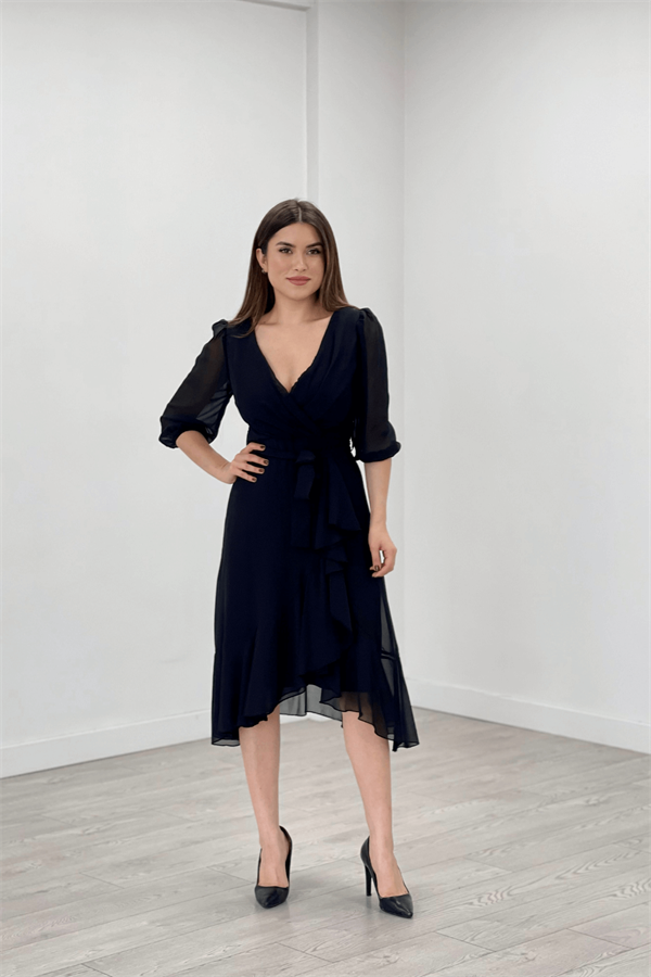 Şifon Kumaş Volan Detaylı Abiye Elbise - SİYAH
