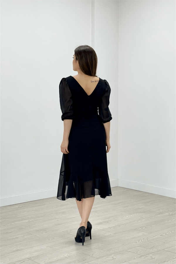 Şifon Kumaş Volan Detaylı Abiye Elbise - SİYAH