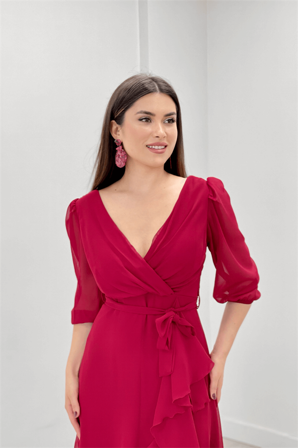 Şifon Kumaş Volan Detaylı Abiye Elbise - BORDO