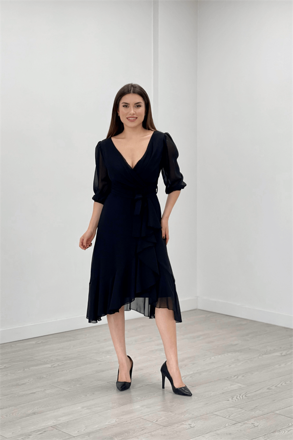 Şifon Kumaş Volan Detaylı Abiye Elbise - SİYAH