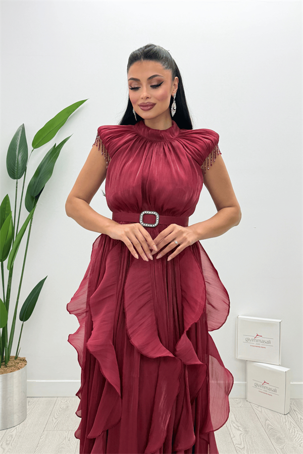 Şifon Kumaş Volan Detaylı Elbise - BORDO