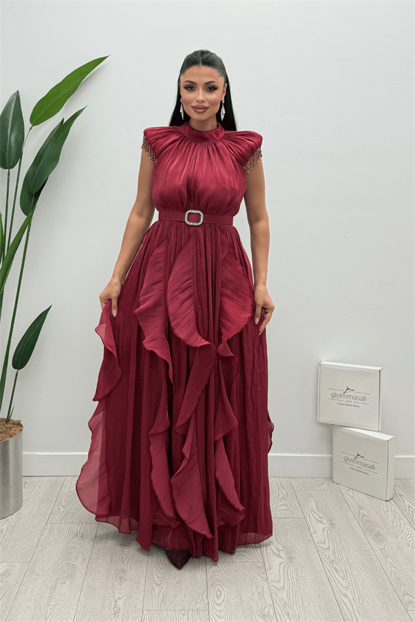 Şifon Kumaş Volan Detaylı Elbise - BORDO