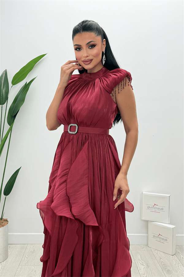 Şifon Kumaş Volan Detaylı Elbise - BORDO