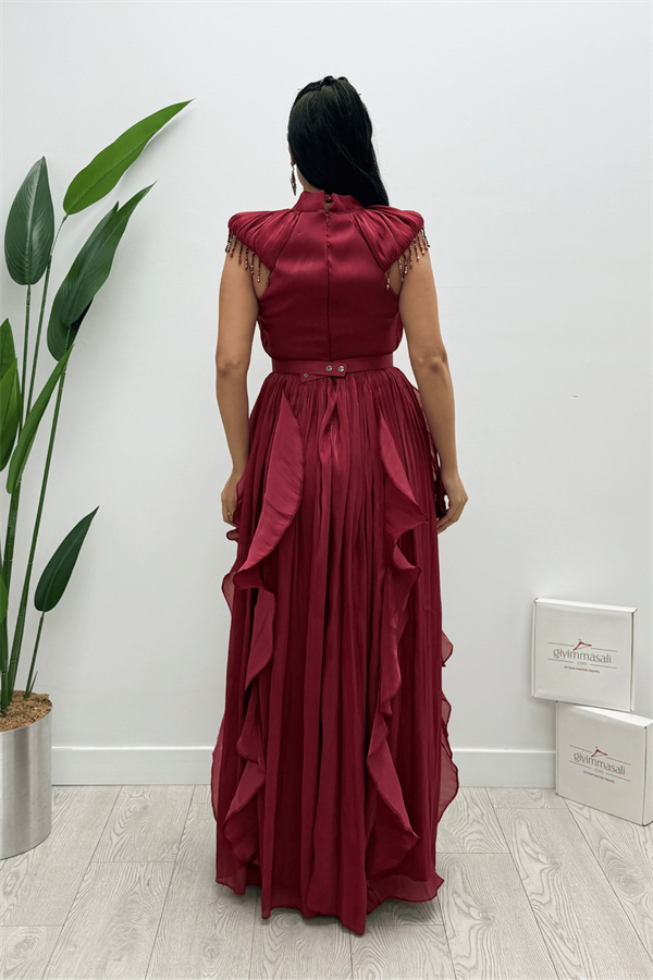 Şifon Kumaş Volan Detaylı Elbise - BORDO