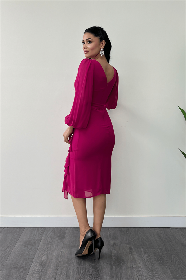 Şifon Kumaş Volan Detaylı Kalem Elbise - FUŞYA