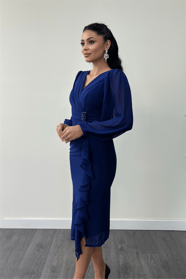 Şifon Kumaş Volan Detaylı Kalem Elbise - SAKS MAVİ