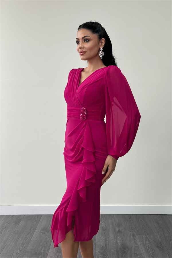 Şifon Kumaş Volan Detaylı Kalem Elbise - FUŞYA