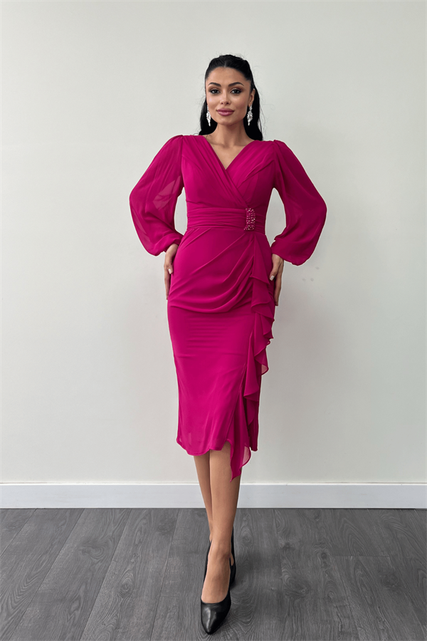 Şifon Kumaş Volan Detaylı Kalem Elbise - FUŞYA