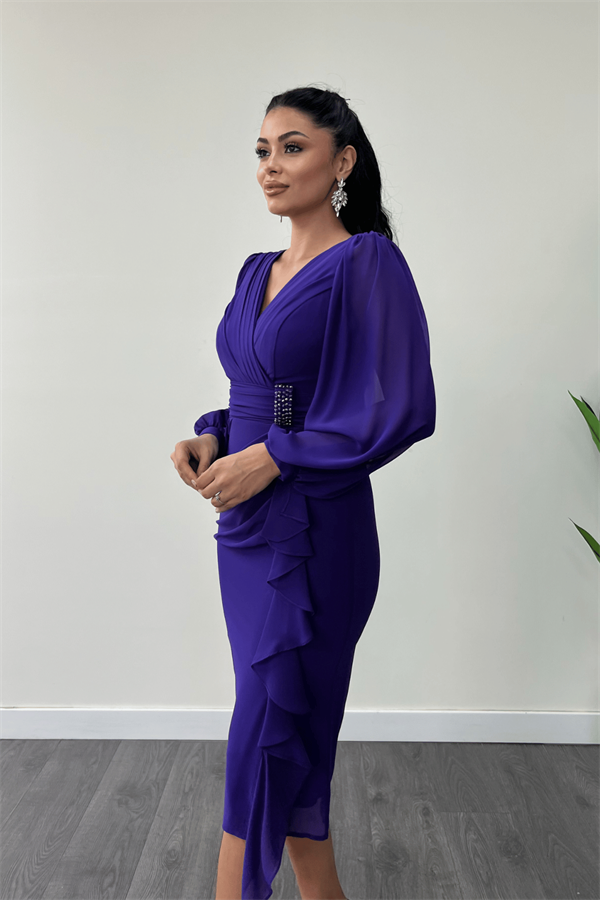 Şifon Kumaş Volan Detaylı Kalem Elbise - MOR