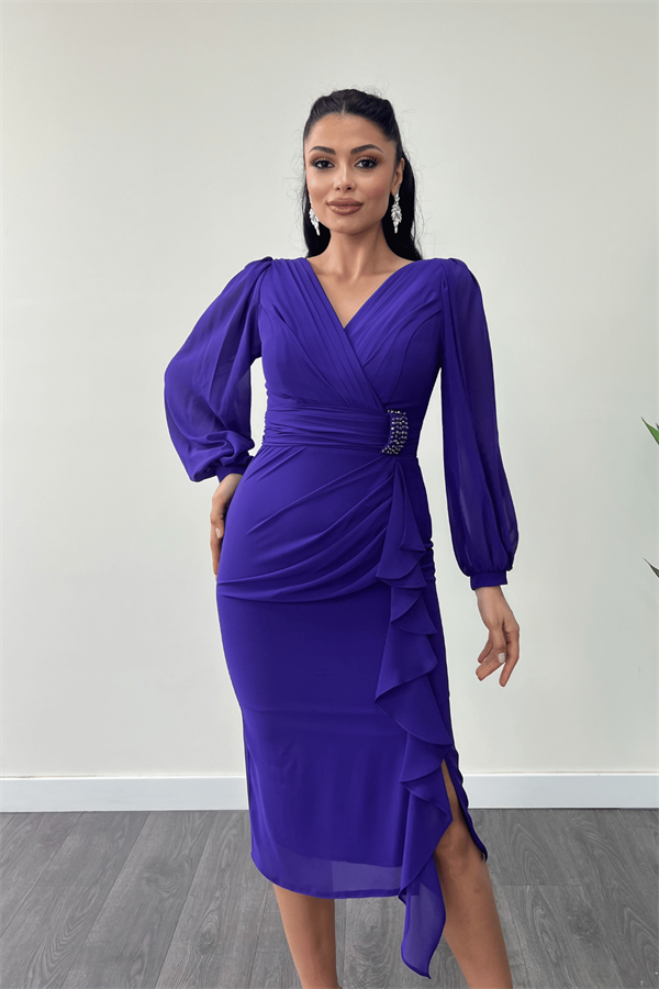 Şifon Kumaş Volan Detaylı Kalem Elbise - MOR