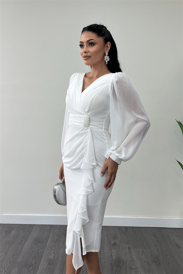 Şifon Kumaş Volan Detaylı Kalem Elbise - BEYAZ