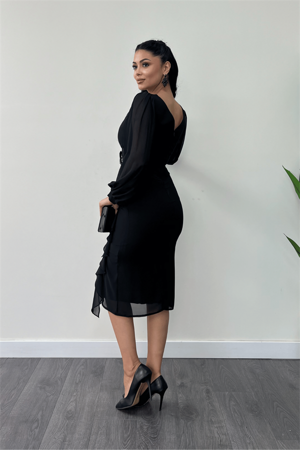 Şifon Kumaş Volan Detaylı Kalem Elbise - SİYAH