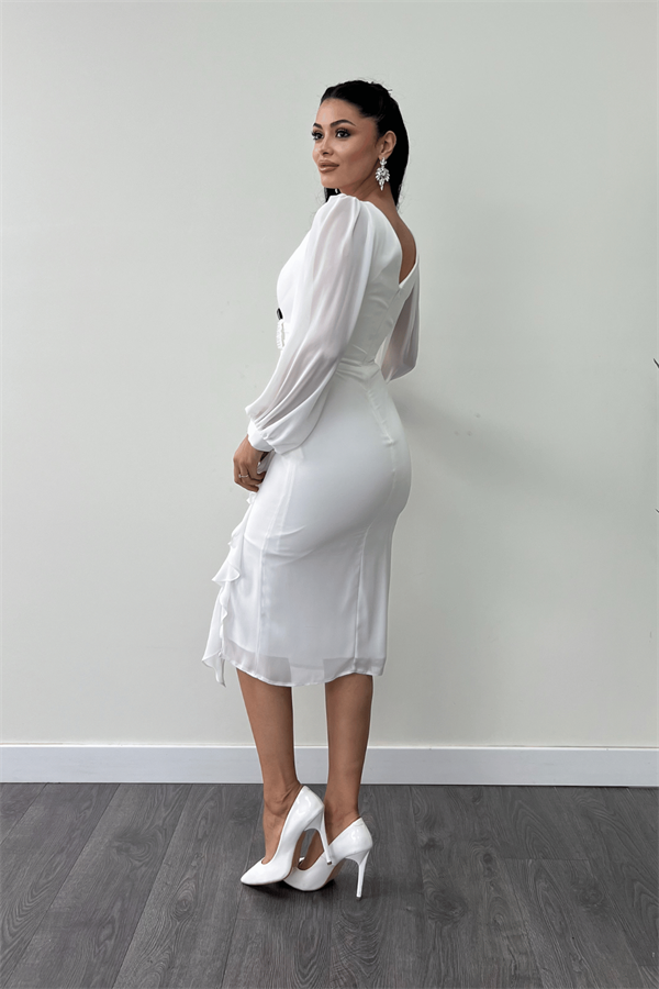 Şifon Kumaş Volan Detaylı Kalem Elbise - BEYAZ
