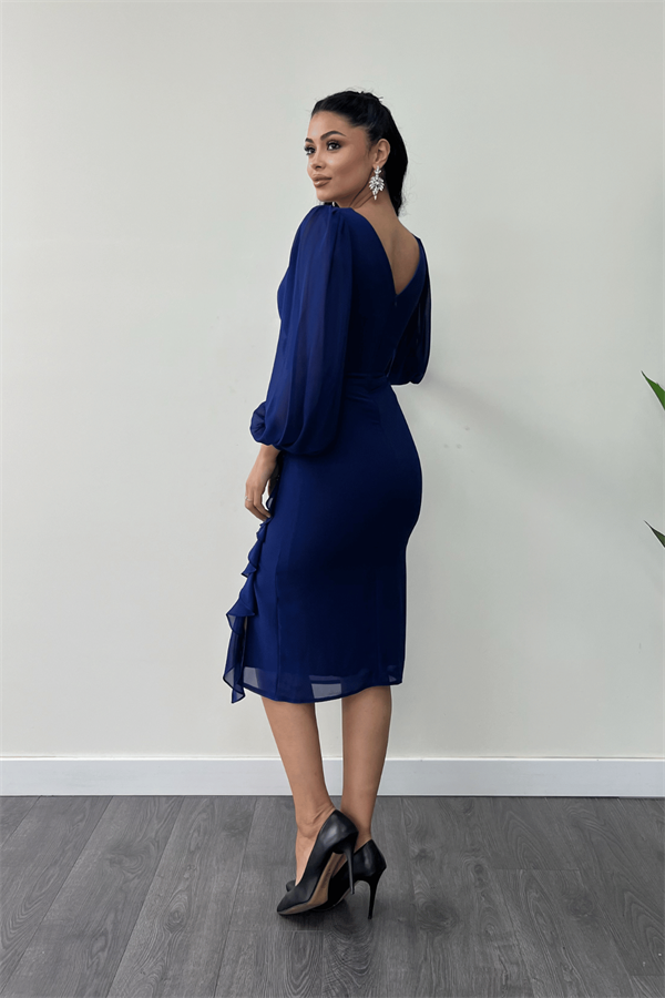 Şifon Kumaş Volan Detaylı Kalem Elbise - SAKS MAVİ