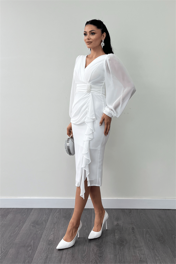 Şifon Kumaş Volan Detaylı Kalem Elbise - BEYAZ