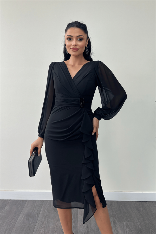 Şifon Kumaş Volan Detaylı Kalem Elbise - SİYAH