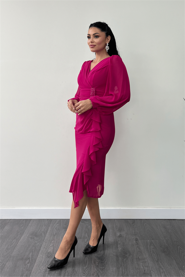 Şifon Kumaş Volan Detaylı Kalem Elbise - FUŞYA
