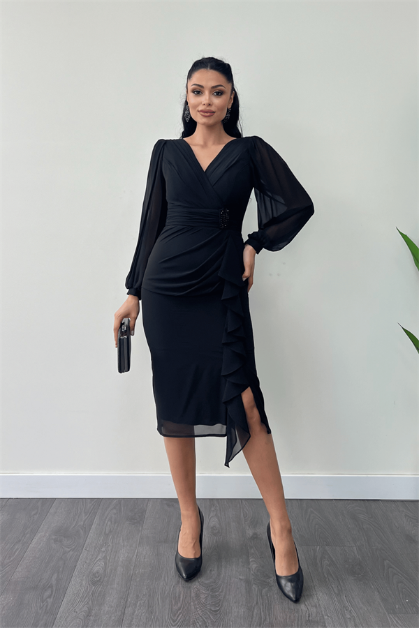 Şifon Kumaş Volan Detaylı Kalem Elbise - SİYAH