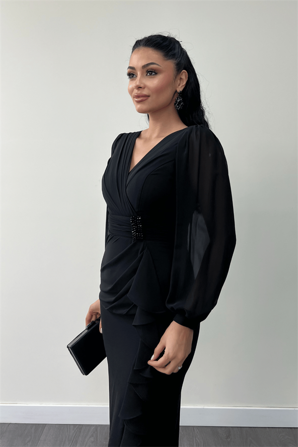 Şifon Kumaş Volan Detaylı Kalem Elbise - SİYAH