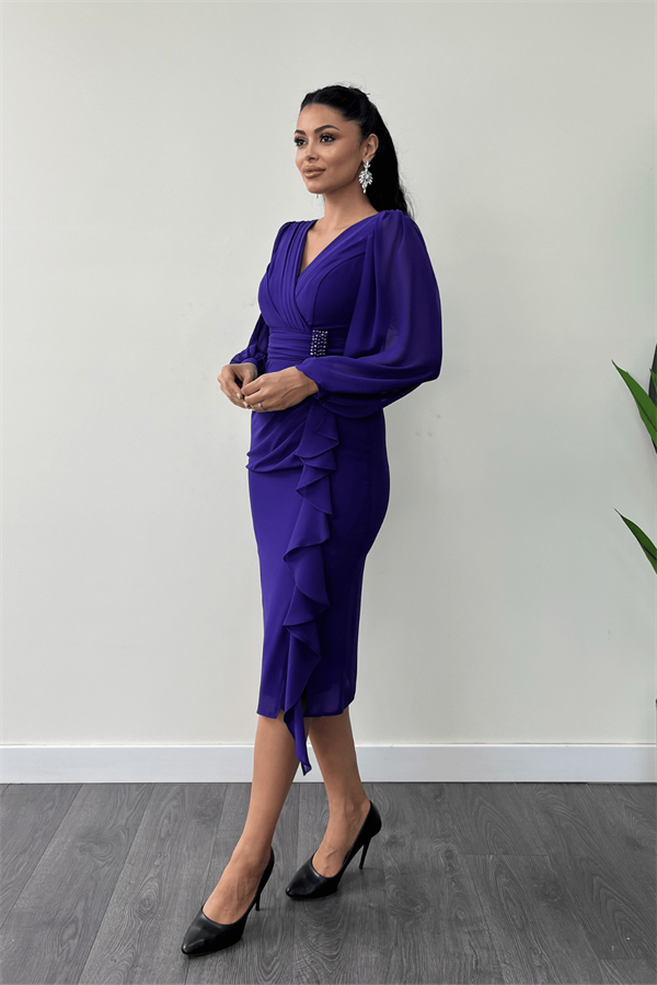 Şifon Kumaş Volan Detaylı Kalem Elbise - MOR