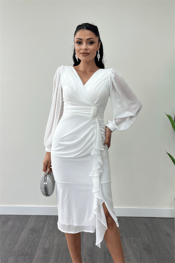 Şifon Kumaş Volan Detaylı Kalem Elbise - BEYAZ