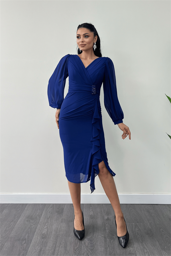 Şifon Kumaş Volan Detaylı Kalem Elbise - SAKS MAVİ