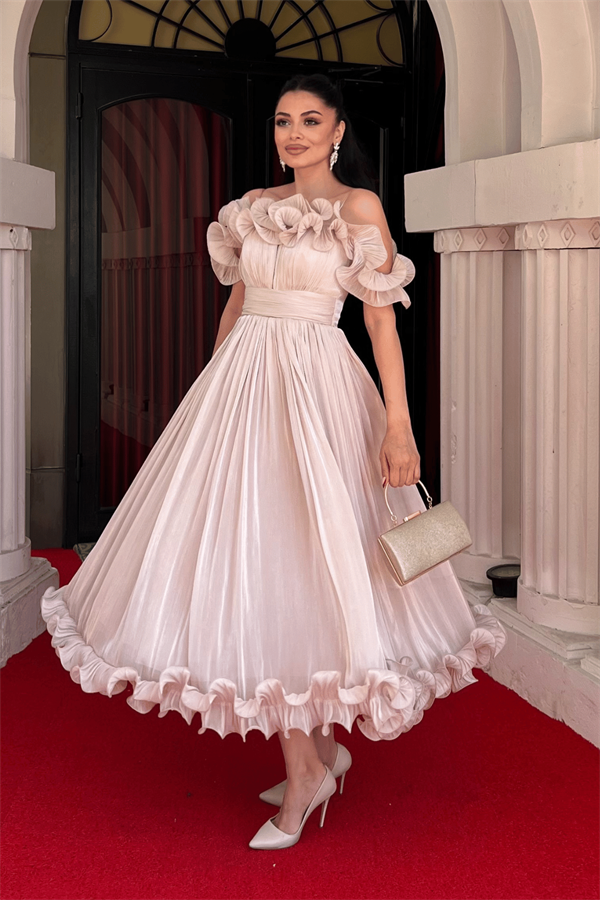 Şifon Kumaş Volan Detaylı Midi Elbise - BEJ